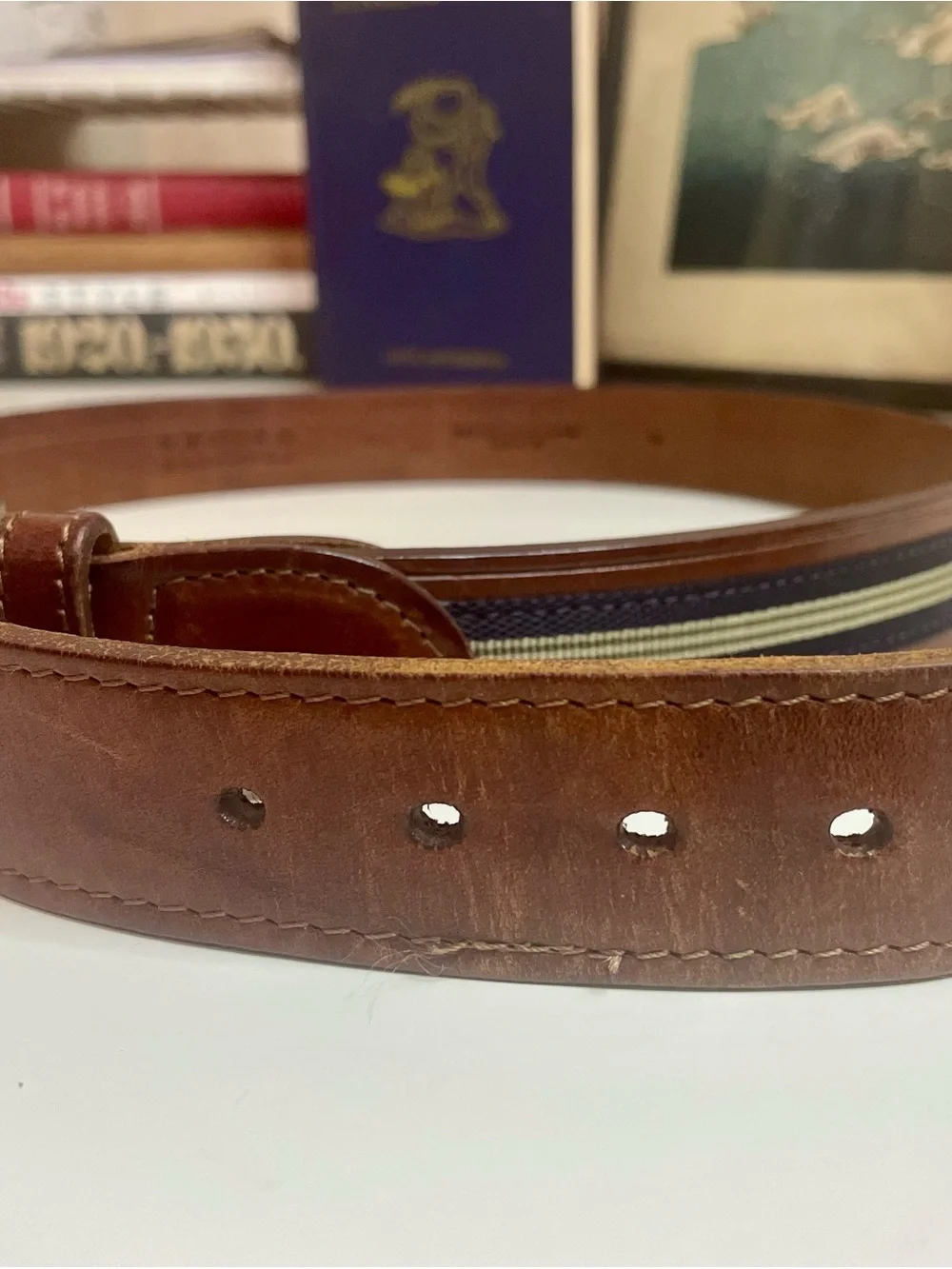 BB Classic Brown Leather Men’s Belt with Navy & Cream Stripe